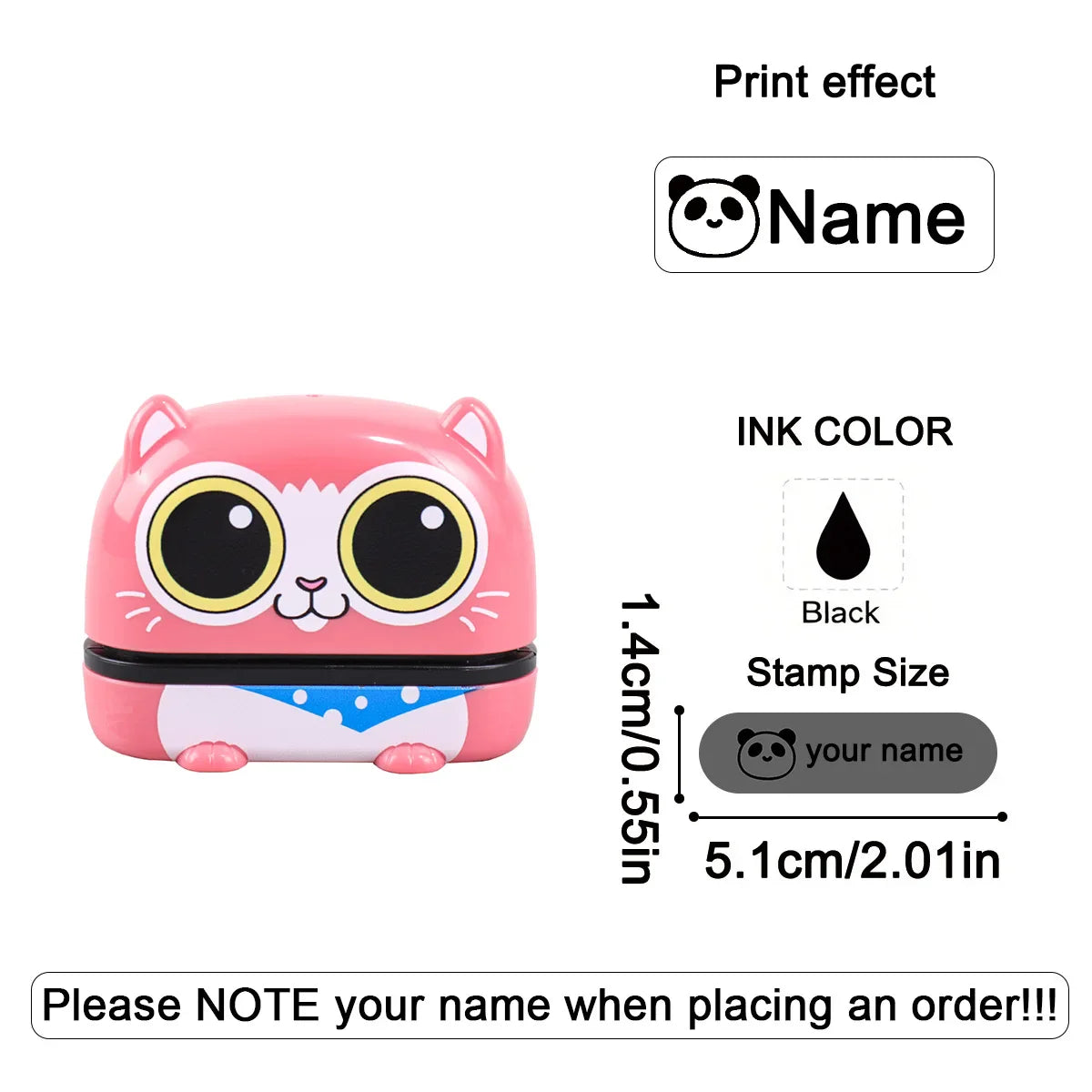 Double-sided kids name stamp, two ink layers, panda design