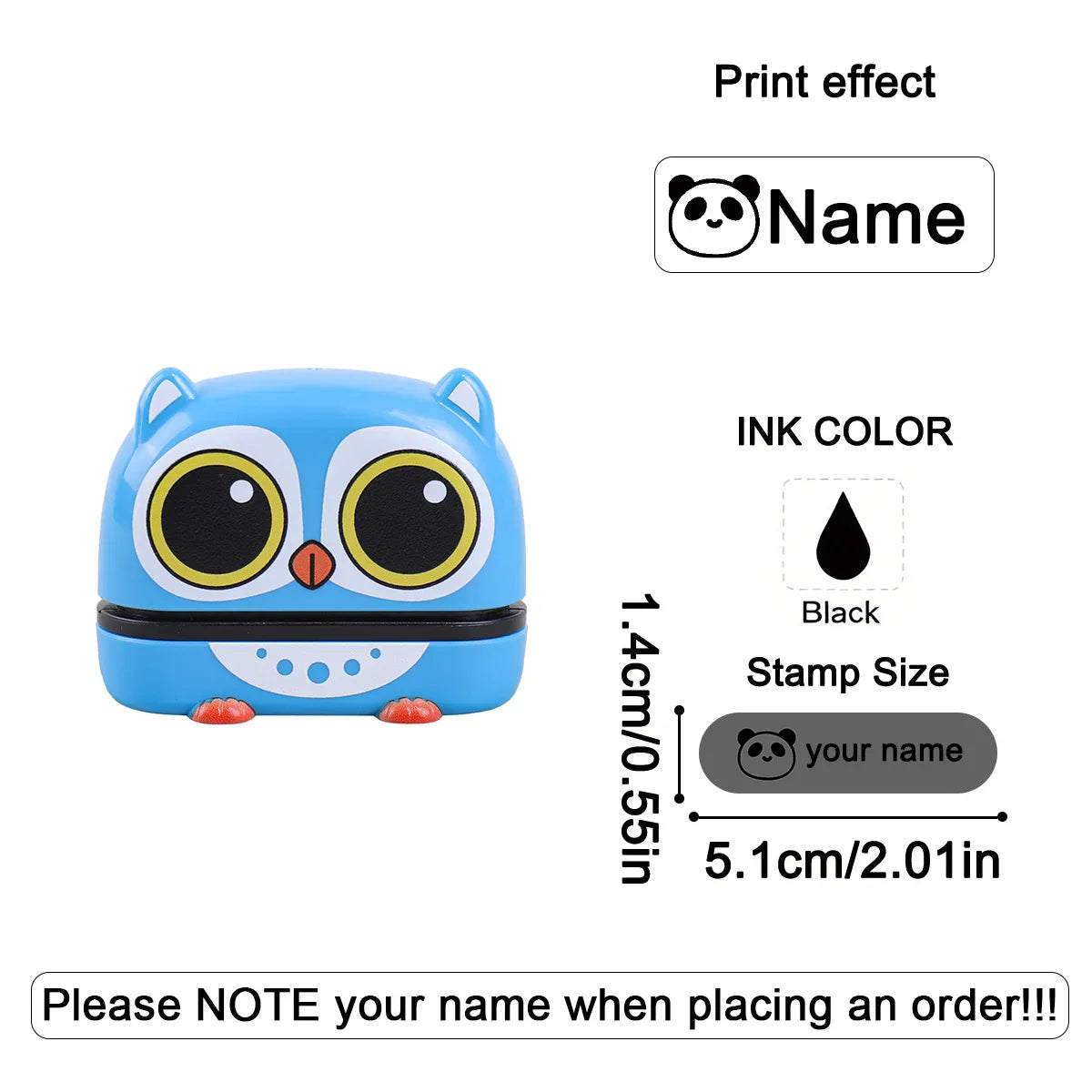 Single-sided kids name stamp, one ink layer, panda design