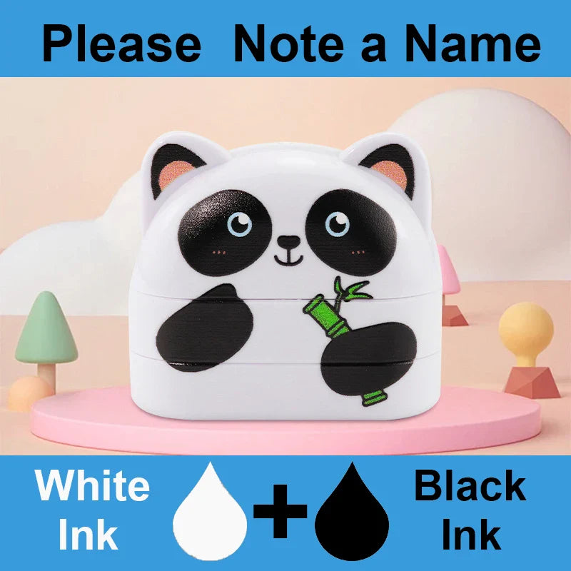 Double-sided kids name stamp, white panda design, white ink and black ink in one stamp