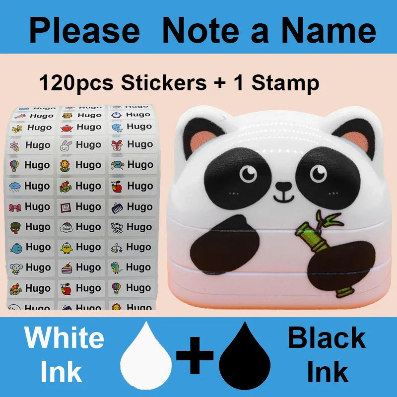 Double-sided panda name stamp with 120 waterproof stick-on name labels