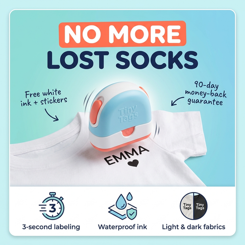 Tiny Tags kids name stamp — no more lost socks, free gifts and 90-day guarantee