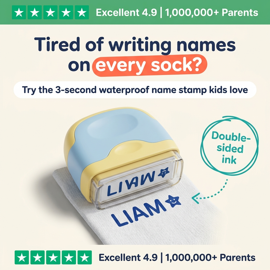 Tiny Tags name stamp — 4.9 stars, loved by 1,000,000+ parents, double-sided ink