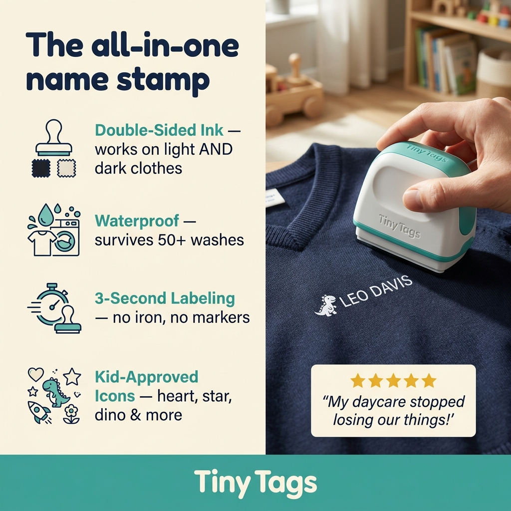 Tiny Tags name stamp features — double-sided, waterproof, 3-second labeling, kid icons