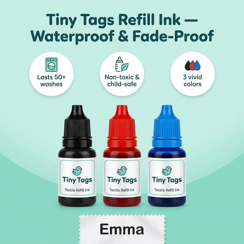 Tiny Tags waterproof fade-proof textile refill ink in black, red and blue