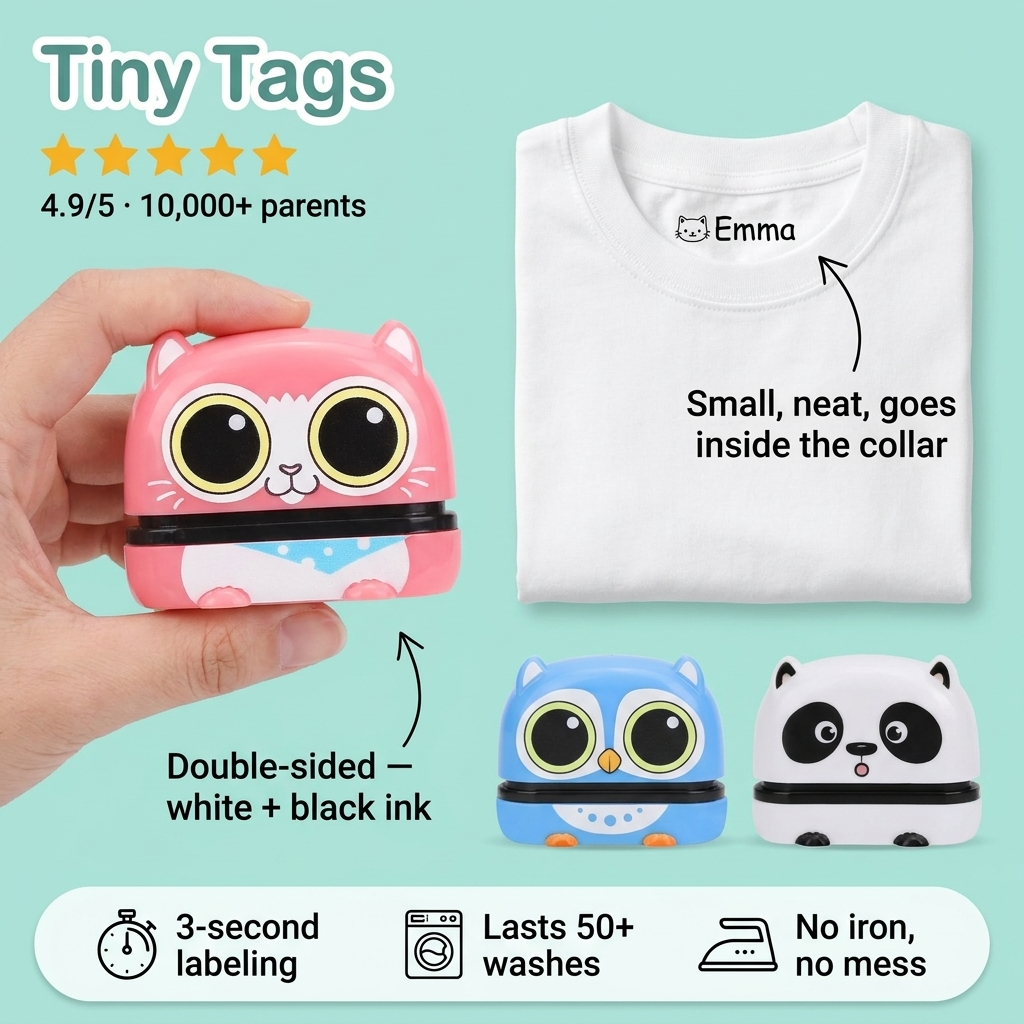 Tiny Tags double-sided kids name stamp, small name inside the collar