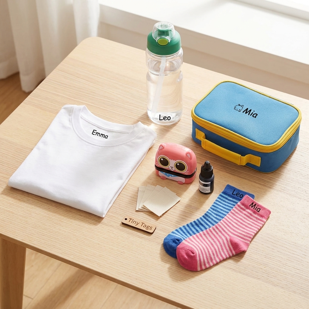 Kids clothes, water bottle, lunchbox and socks labeled with Tiny Tags name stamp