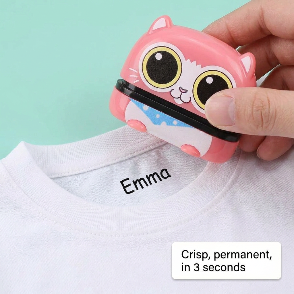 Hand stamping a childs name inside a t-shirt collar in 3 seconds