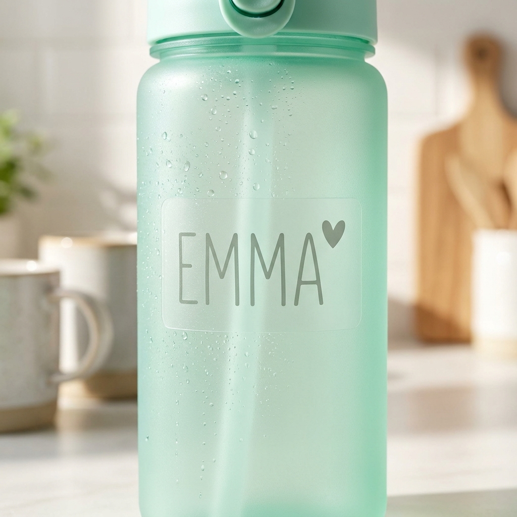 Waterproof name label applied to a kids water bottle with water droplets