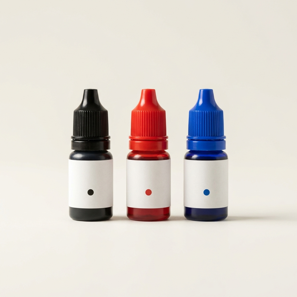 Textile stamp refill ink in three dropper bottles with black, red and blue caps